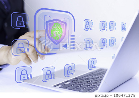 Cybersecurity Concept to protect Information on Internet Network. Businessman Scan fingerprint with virtual screen interface to enter Internet Network.Futuristic virtual screen interface Technology Cybersecurity Concept to protect Information on Internet Network. Businessman Scan fingerprint with virtual screen interface to enter Internet Network.Futuristic virtual screen interface Technology 106471278