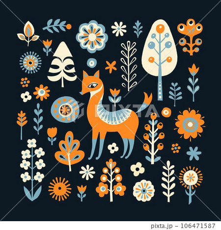 Simple minimalist Scandinavian pattern with fox, forest and flowers 106471587