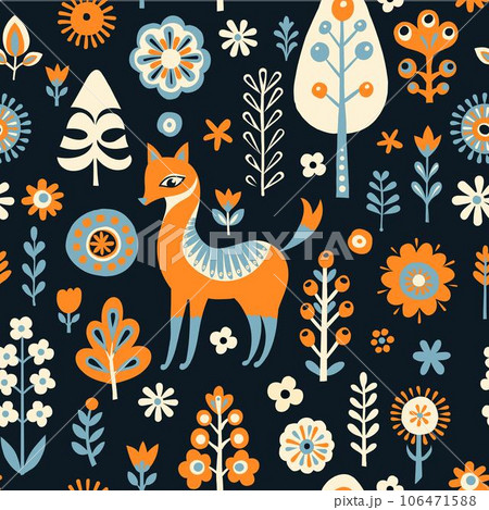 Simple minimalist Scandinavian seamless pattern with fox, forest and flowers 106471588