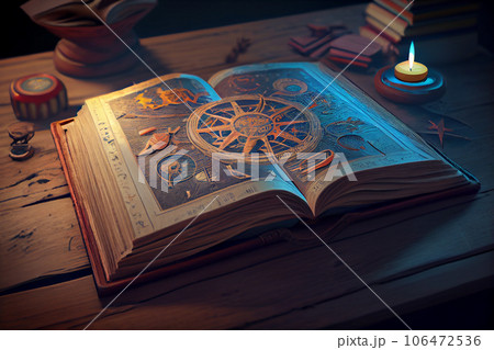 ancient astrology. Old astrological book near a lit candle 106472536