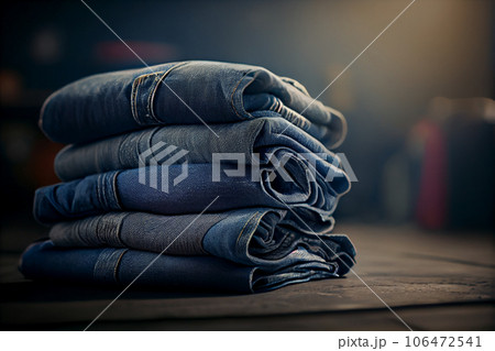 Folded blue jeans trousers stacked. Stacked fashion jeans closeup. 106472541