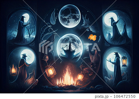 Mystical tarot arcana card illustration with witch sabbath and moon eclipse. Scary spiritual and surreal background. 106472550