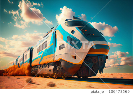 Futuristic transport train on blue sky digital art illustration cartoonish 106472569