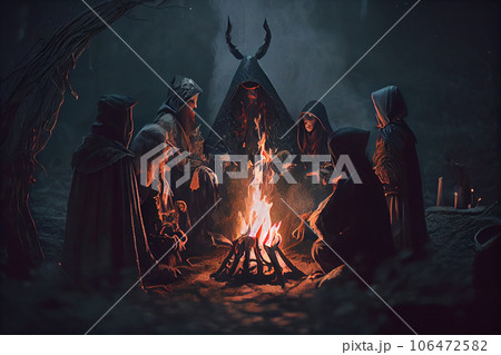 People at spiritual gathering of shamanic sacred ritual healing energy in forest at night. Scandinavian spiritual concept.Diverse people enjoy spiritual gathering. People stay around the campfire. 106472582