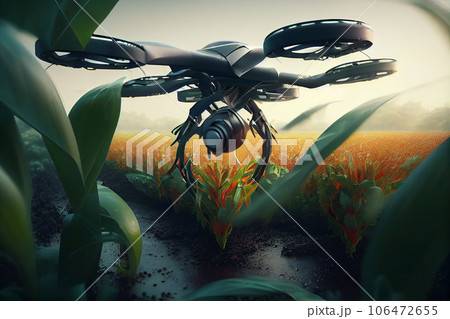 Modern technologies in agriculture. industrial drone flies over a green field and sprays useful pesticides to increase productivity and destroys harmful insects. increase productivity 106472655
