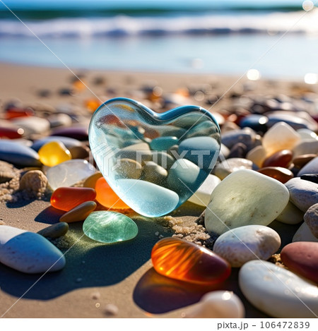 A lot of stones of different shapes and in the shape of a big heart on the ocean or sea on a sandy beach. Glowing natural colored heart shaped polish sea glass and stones on the seashore. Sunny day 106472839