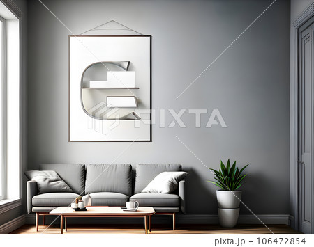 Empty poster frame atop contemporary style sofa. 106472854