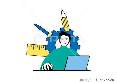 Education concept with people scene in flat web design. Young guy student learning online using laptop, watching webinars and lectures. Vector illustration for social media banner, marketing material. 106473520