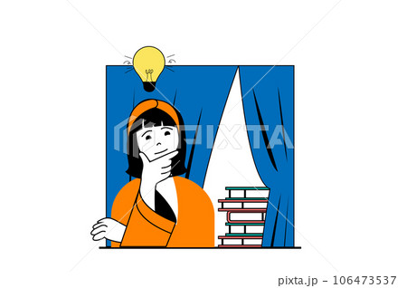 Education concept with people scene in flat web design. Student going to library for searching information in books and brainstorming. Vector illustration for social media banner, marketing material. 106473537
