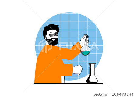Education concept with people scene in flat web design. Man working as teacher and explaining chemistry with chemical tests in lab. Vector illustration for social media banner, marketing material. Education concept with people scene in flat web design. Man working as teacher and explaining chemistry with chemical tests in lab. Vector illustration for social media banner, marketing material. 106473544