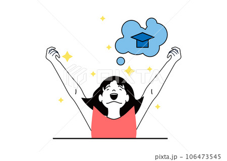 Education concept with people scene in flat web design. Young girl celebrating her future graduation and success finishing university. Vector illustration for social media banner, marketing material. Education concept with people scene in flat web design. Young girl celebrating her future graduation and success finishing university. Vector illustration for social media banner, marketing material. 106473545