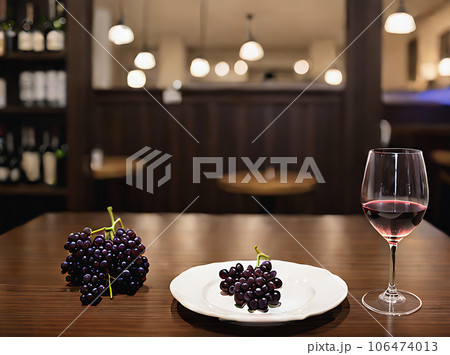 Glass of red wine with grapes, neutral background, Stock image