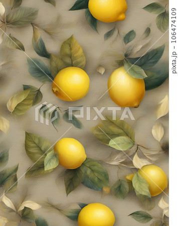 Floral autumn background lemons leaves realistic neutral. 106474109