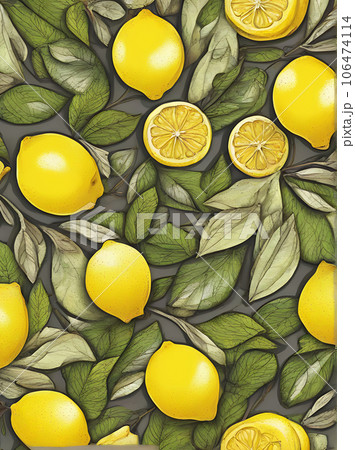 Lemons leaves autumn floral volumetric neon palette. 106474114