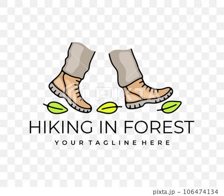 Feet in boots walking through forest, hiking and hike, colored graphic design. Camping, tourism, travel, traveling and journey, vector design and illustration 106474134
