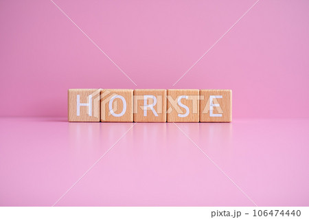 Wooden blocks form the text HORSE against a pink background 106474440