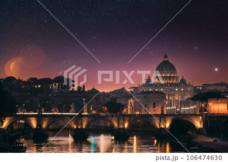 Rome, Italy. Papal Basilica Of St. Peter In The Vatican And Aelian Bridge In Sunset Sunrise Time Rome, Italy. Papal Basilica Of St. Peter In The Vatican And Aelian Bridge In Sunset Sunrise Time 106474630