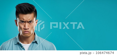 Banner with  angry Asian man with black hair. Closeup face of a furious adult Chinese man on a blue background looking at camera. Front view of a grown up outraged Japanese boy in a blue shirt. 106474674