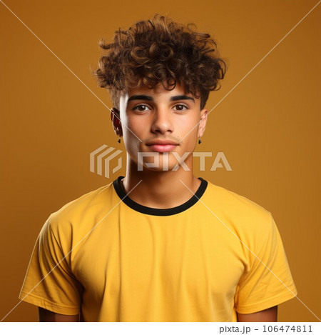Portrait of an Indian man with curly brown hair. Closeup face of a serious adult guy on a yellow background looking at the camera.  Emotionless Indonesian grown up man in a yellow shirt. 106474811