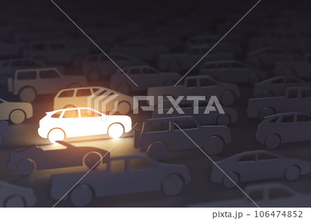 Choosing a car, rent a car, lease a car concept.  Glowing SUV car  in a rows of cars of others types. 106474852