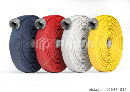 Fire hose soft pipes of different colors isolated on white. Firefighter equipment. Fire hose soft pipes of different colors isolated on white. Firefighter equipment. 106474853