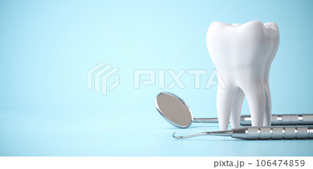 Tooth and dental tools on blue background. Dental care, treatments and oral health background. 106474859