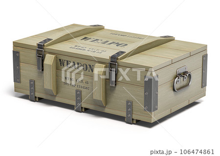 Military wooden crates with weapon and army ammunition isolated on white. 106474861