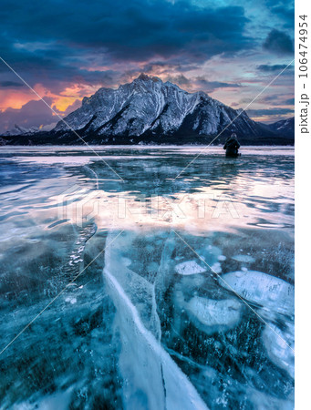 Sunrise over Abraham lake with methane bubble in Kootenay Plains 106474954