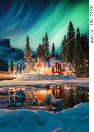 View of Northern lights glowing over Emerald Lake Lodge with snowy forest on winter at Yoho national park, Canada View of Northern lights glowing over Emerald Lake Lodge with snowy forest on winter at Yoho national park, Canada 106474956
