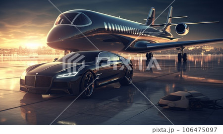 Private jet standing on a runway with a luxury sports car. Modern business jet with an expensive vehicle. Luxury Aircraft preparing for a flight. Picture of a parked passenger plane with a hypercar. 106475097