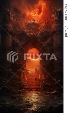 Gates of hell. Concept art of hell's entrance. Illustration of a gateway to a villain's liar. Scary render of the entrance to the underworld. Fantasy landscape of a burning place. Gates of hell. Concept art of hell's entrance. Illustration of a gateway to a villain's liar. Scary render of the entrance to the underworld. Fantasy landscape of a burning place. 106475193