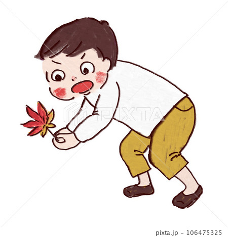 きれいな紅葉の葉っぱを見つけて、びっくりする子ども 106475325