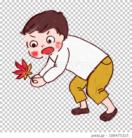 きれいな紅葉の葉っぱを見つけて、びっくりする子ども 106475325