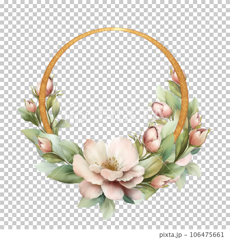 Floral round frame with flowers and leaves. Hand drawn, isolated on a white background. For wedding invitations, holiday cards and other design. 106475661