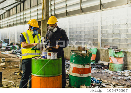 danger chemical liquid oil leak environment impacts investigation team working site rescue and examination with safety 106476367