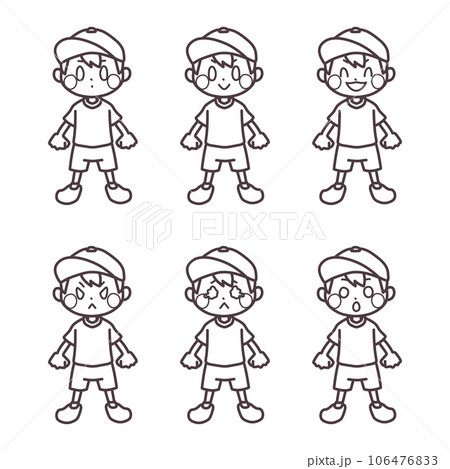 いろいろな表情の体操服を着た男の子の線画セット 106476833