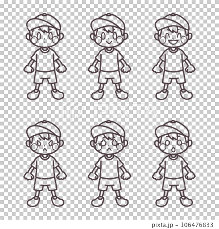 いろいろな表情の体操服を着た男の子の線画セット 106476833