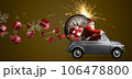 Christmas is coming. Santa Claus on toy car delivering New Year 2024 gifts and countdown clock at blue background with fireworks 106478800