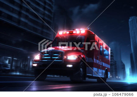 Photo of an emergency ambulance car moving fast on night american city downtown district with motion blur. Photo of an emergency ambulance car moving fast on night american city downtown district with motion blur. 106479066