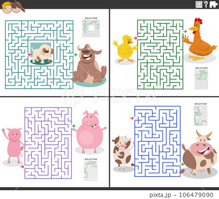 maze activities set with cartoon farm animal characters maze activities set with cartoon farm animal characters 106479090