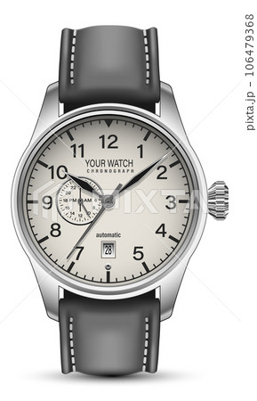 Realistic watch clock chronograph face silver dark grey leather strap on white design classic luxury vector 106479368