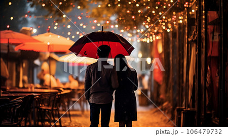 雨の通りを傘をさして歩くカップルの後姿 106479732