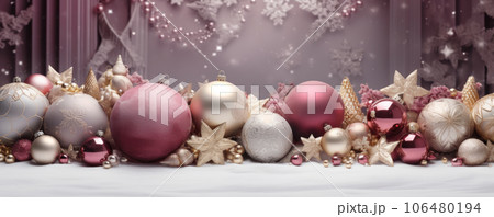 Banner with beautiful stylish New Year background with pink, white and purple Christmas balls and stars. Generated AI. Banner with beautiful stylish New Year background with pink, white and purple Christmas balls and stars. Generated AI. 106480194
