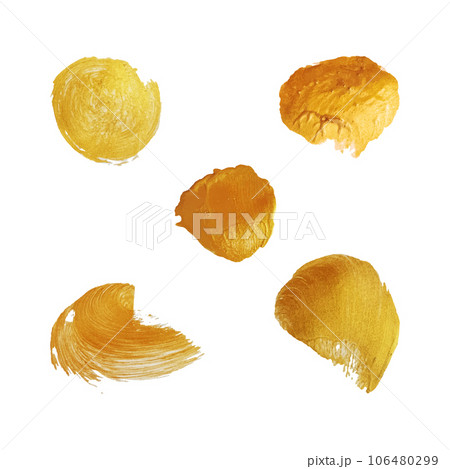 Set of golden spots, brush strokes. Bright design elements. Abstract vector drawing. 106480299