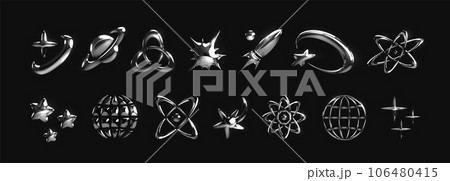 3D chrome elements. Y2K abstract silver space icons. Galaxy and cosmic technology. Cyber stars. Atom symbol. Universe planet and comets. Glossy spaceship. Vector vintage metal shapes set 106480415