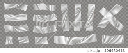 Transparent tape. Clear plastic paper stickers, sticky adhesive film, overlay sellotape texture, isolated patches collection. Crumpled glue plastic strips, paper texture. Vector isolated 3d set 106480418