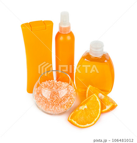 Shampoo, lotion and bath salt with citrus extract isolated on white. Shampoo, lotion and bath salt with citrus extract isolated on white. 106481012