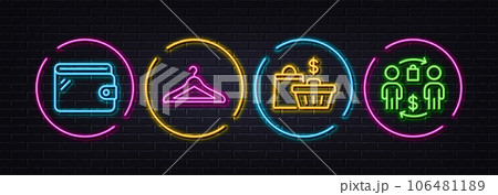 Sale bags, Wallet and Cloakroom minimal line icons. Neon laser 3d lights. Buying process icons. For web, application, printing. Shopping cart, Money budget, Hanger wardrobe. Supermarket bag. Vector Sale bags, Wallet and Cloakroom minimal line icons. Neon laser 3d lights. Buying process icons. For web, application, printing. Shopping cart, Money budget, Hanger wardrobe. Supermarket bag. Vector 106481189