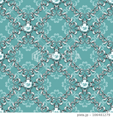 Seamless baroque pattern with gems and silver scrolls. 106481279