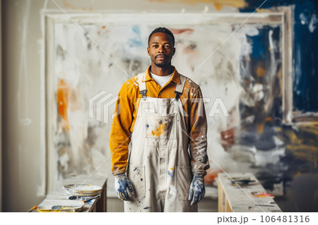 Portrait of african american house painter male in renovation room. Decoration and improvement living or office interior 106481316